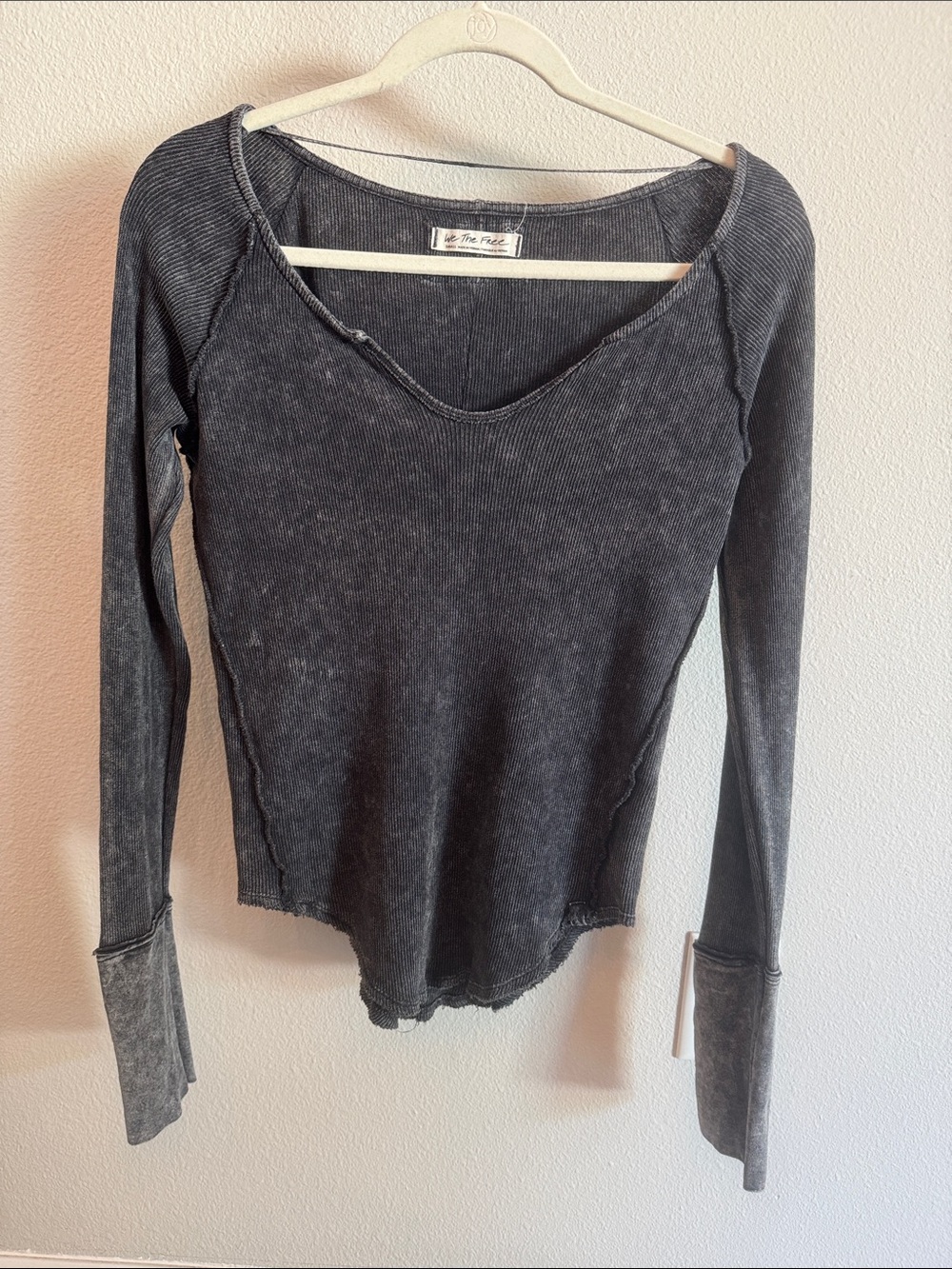 Free People Washed Black Ribbed V-Neck Long Sleeve Top